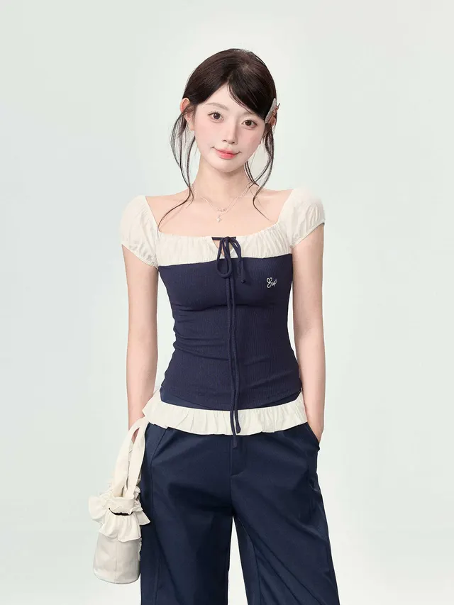 Women's Off neck Short sleeved T shirt Summer Patchwork Top Navy Blue - Shop at LoveMi