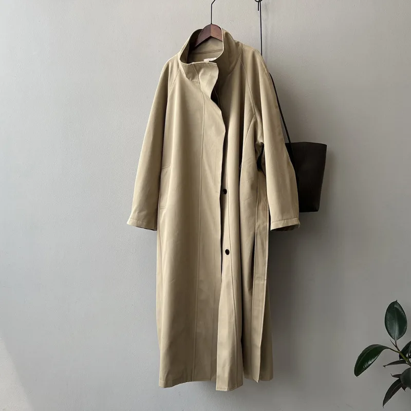Women's Solid Color Loose Mid Length Windbreaker Jacket Khaki - Shop at LoveMi