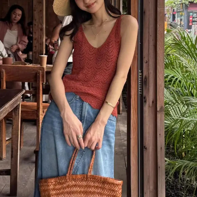 Vest Sweet Spaghetti strap Women's Short Summer Sleeveless Beauty Back Brick Red - Shop at LoveMi