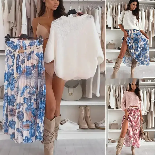 Elegant Short sleeved Top Elastic Waist Draping Lady Printed Skirt White - Shop at LoveMi
