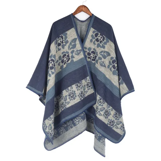 Autumn And Winter Women's Jacquard Split Shawl Flower Cloak Blue - Shop at LoveMi