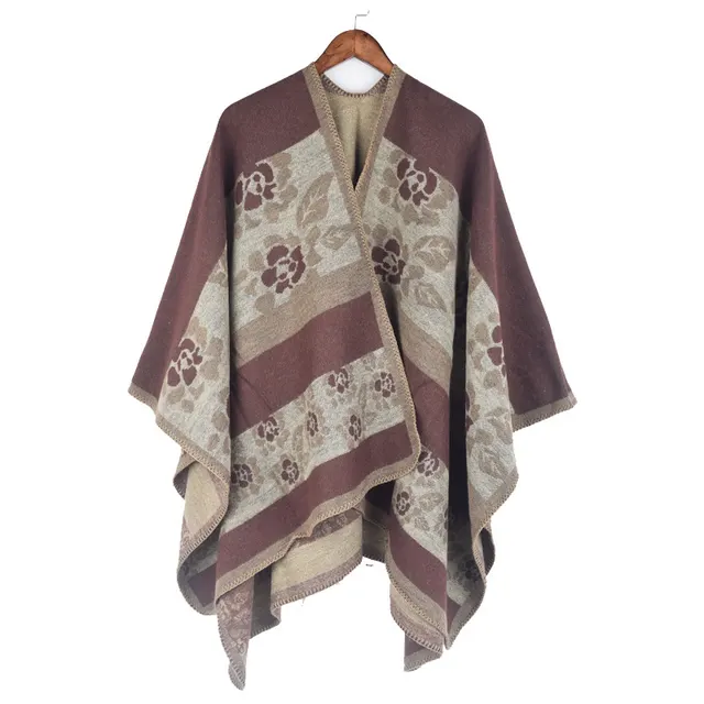 Autumn And Winter Women's Jacquard Split Shawl Flower Cloak Coffee - Shop at LoveMi