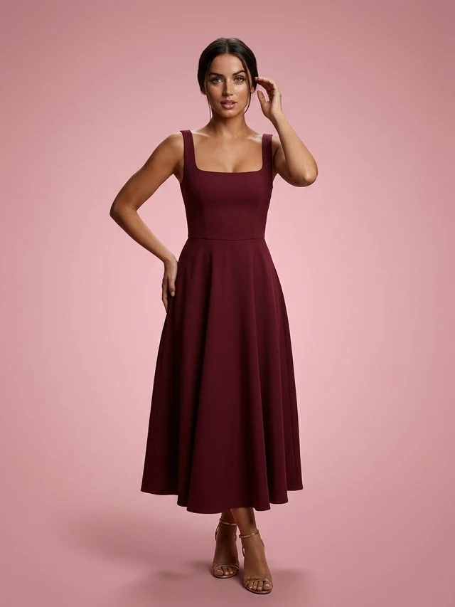 Square neck Sleeveless Waist Trimming Sling Dress Wine Red - Shop at LoveMi