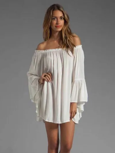 Casual Solid Color Chiffon Elastic Lace Bell Sleeve Dress White - Shop at LoveMi