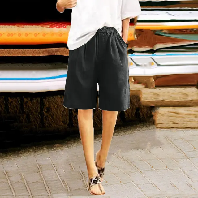 Women's Cotton And Linen Cropped Loose High Waist Shorts Black - Shop at LoveMi