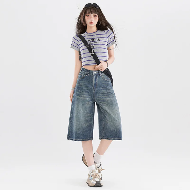 Women's American-style Retro High Street Denim Cropped Pants Summer - Retro Blue - View 1