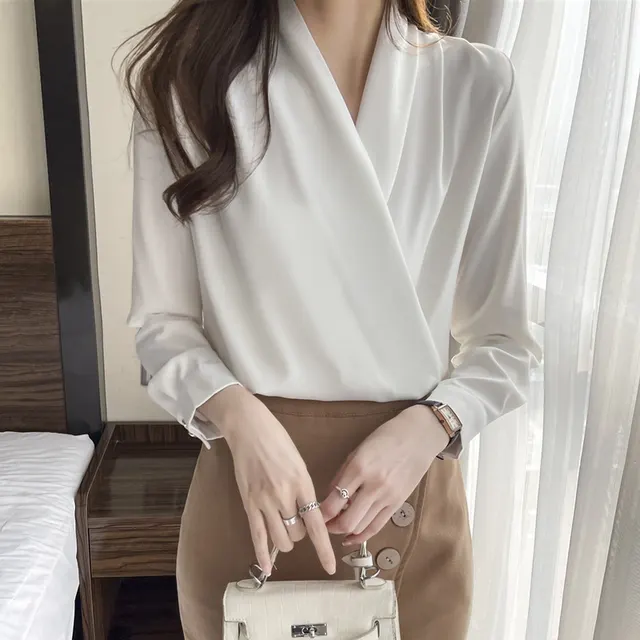 Satin Long Sleeve Women's Spring And Autumn Chiffon Shirt White Shirt - Shop at LoveMi