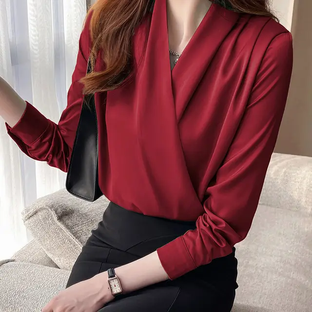 Satin Long Sleeve Women's Spring And Autumn Chiffon Shirt Wine Red Shirt - Shop at LoveMi