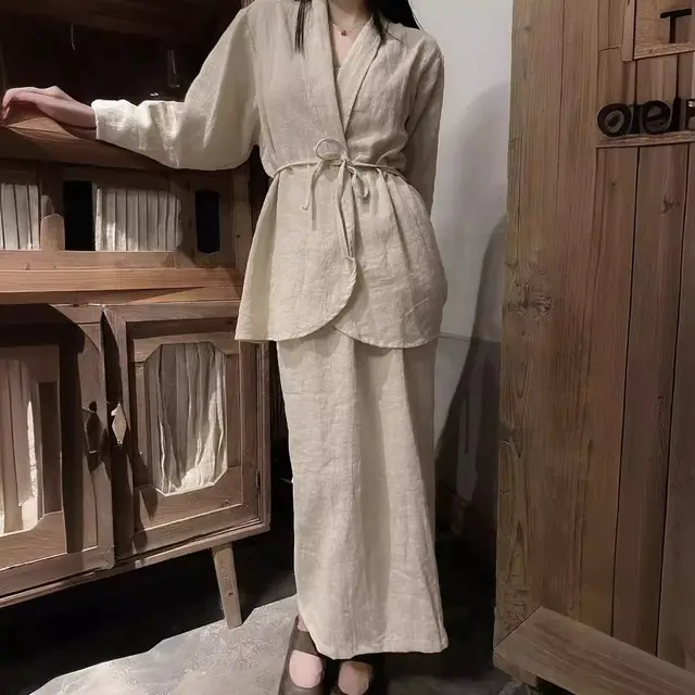 Cool And Elegant Lace up Cardigan Jacket Skirt Optic Linen Suit - Shop at LoveMi