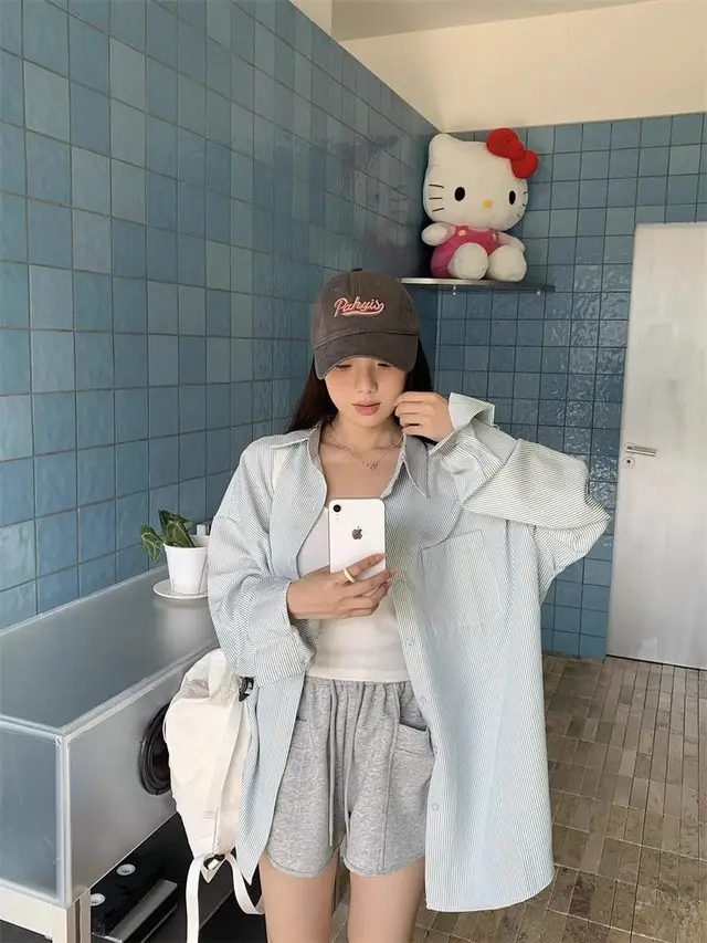 Striped Shirt Women's Casual Loose Shirt Coat Gray Green - Shop at LoveMi