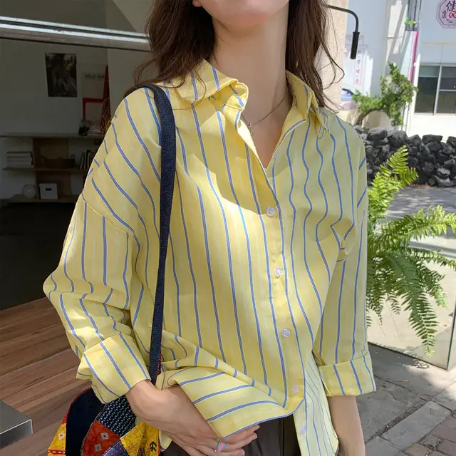 Striped Sun Protection Shirt Women's Long Sleeve Loose Top Yellow - Shop at LoveMi
