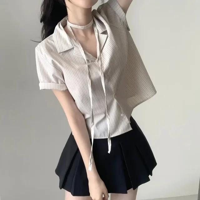 Short sleeved Shirt Loose Women's Short Striped Shirt Light Apricot - Shop at LoveMi