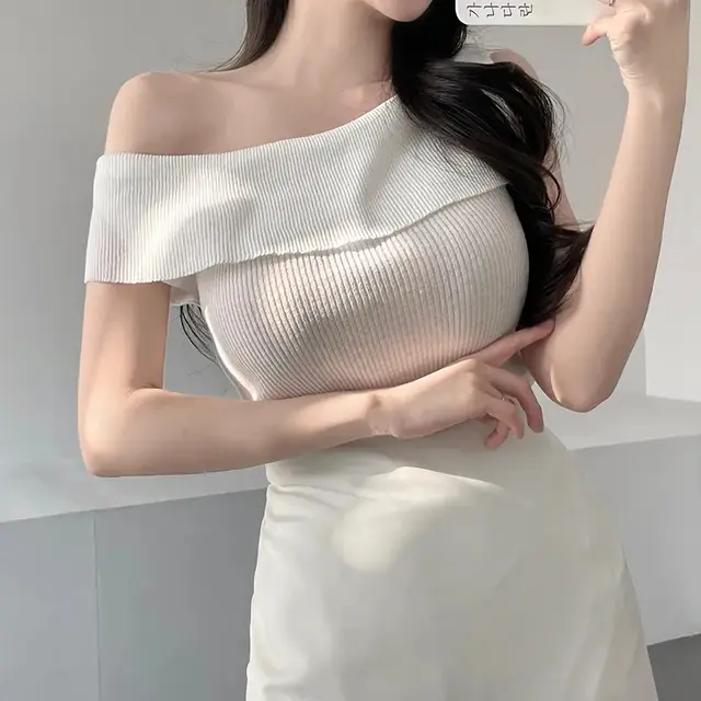 Irregular Off shoulder Sleeveless Knitwear Solid Color Top White - Shop at LoveMi