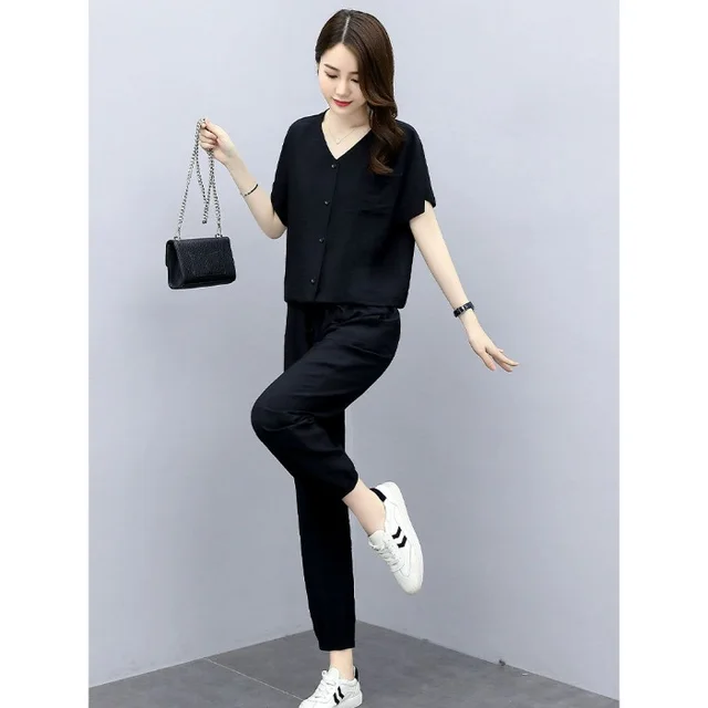 Leisure Fashionable Stylish Fashionable And Reducing Age Noble Lady Sub cotton And Linen Two piece Suit Black 11290 - Shop at LoveMi