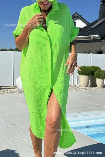 Printed Shirt Collar Vacation Style Button Cardigan Green - Shop at LoveMi