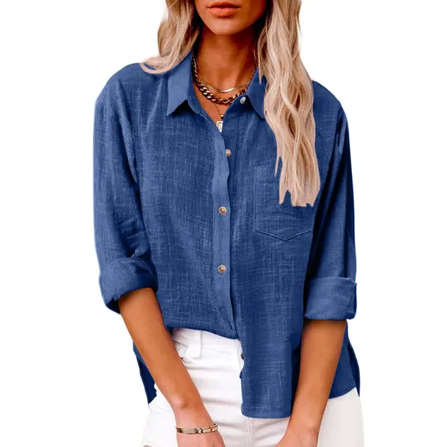 Pocket Split Cotton And Linen Long sleeved Shirt Dark Blue - Shop at LoveMi