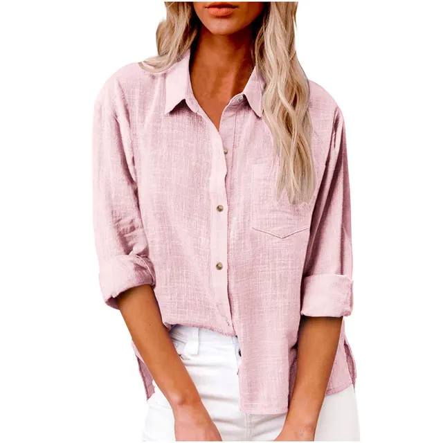 Pocket Split Cotton And Linen Long sleeved Shirt Light Pink - Shop at LoveMi