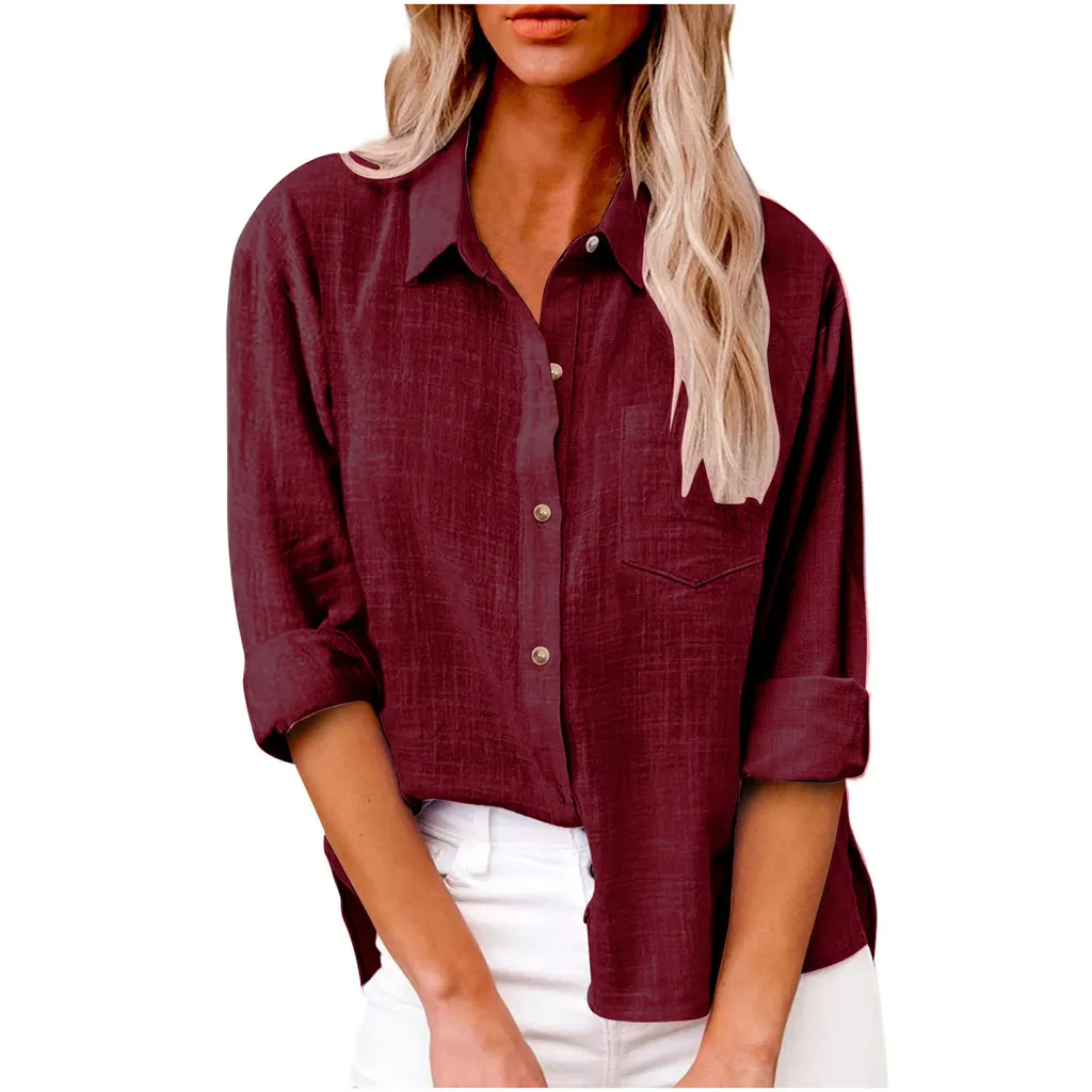 Pocket Split Cotton And Linen Long-sleeved Shirt - Wine Red