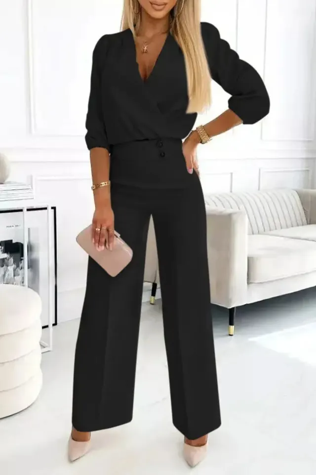 Women's Solid Color And V neck Two button 2 piece Trousers Suit Black - Shop at LoveMi