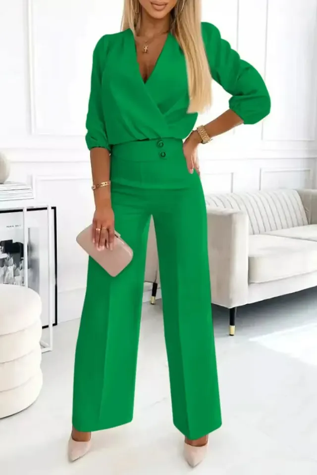Women's Solid Color And V neck Two button 2 piece Trousers Suit Green - Shop at LoveMi