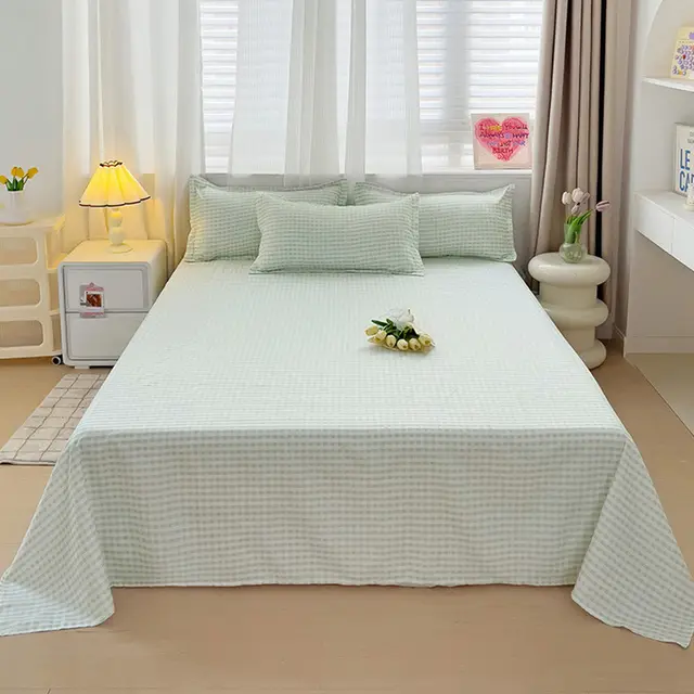 Summer Washed Cotton Bed Sheet Student Dormitory Small Green Grid - Shop at LoveMi