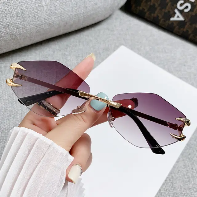 Frameless Grapple Polygonal Sunglasses Hip Hop Trend Gold Frame Gradient Gray - Shop at LoveMi