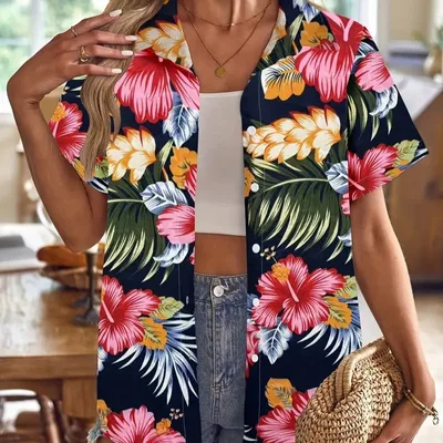 Casual Wild Plant Pattern Women's Short sleeved Shirt Y001 2Xl - Shop at LoveMi