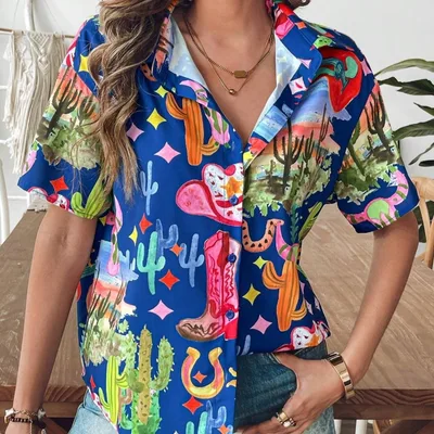 Casual Wild Plant Pattern Women's Short sleeved Shirt Y022 L - Shop at LoveMi