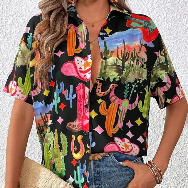 Casual Wild Plant Pattern Women's Short sleeved Shirt Y023 - Shop at LoveMi