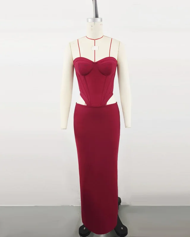 Design Tube Top Fishbone Bandage Dress Slim Fit Wine Red - Shop at LoveMi