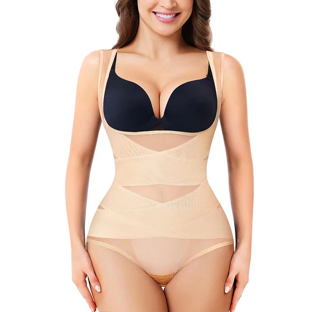 Postpartum Belly Contracting Corset Mesh Body Shaping Jumpsuit Skin Color - Shop at LoveMi