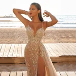 Women's Sling Dress Sleeveless V-neck Slit Lace Hollow Out - Gold