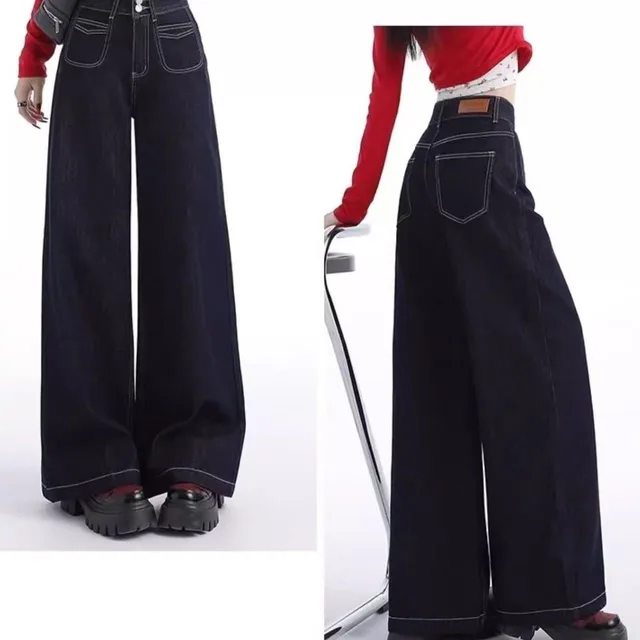 Retro Wide Leg Jeans Women's Spring And Autumn Loose Small High Waist Straight Dark Blue Cropped Pants - Shop at LoveMi