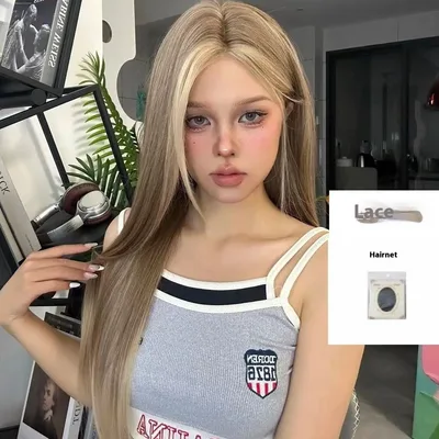 Forehead Lace Wig Female Full Head Golden Brown Gradient Center parted Wig Golden Brown Gradient - Shop at LoveMi