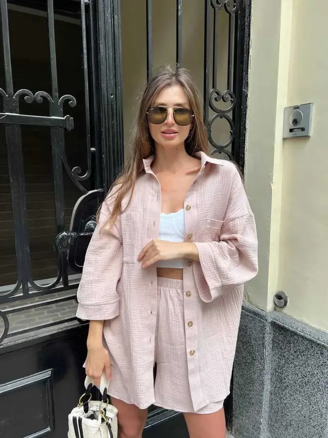 Women's Solid Color Cardigan Breasted Top Fashion Shorts Two piece Set Pink - Shop at LoveMi