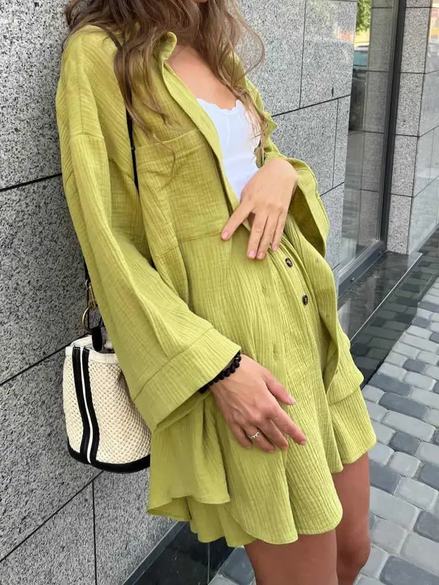 Women's Solid Color Cardigan Breasted Top Fashion Shorts Two piece Set Yellow - Shop at LoveMi