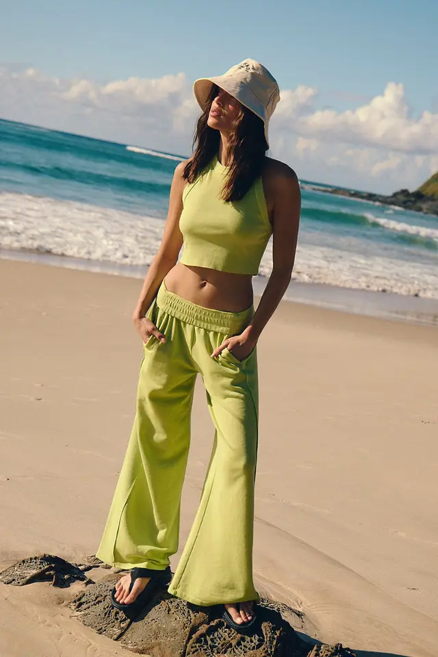 Fashion Casual Women's Solid Color High elastic Body Shaping Short Sleeve Wide Leg Pants Suit Fluorescent Green - Shop at LoveMi