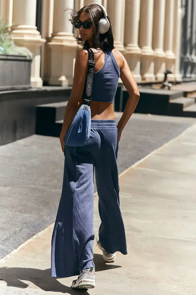 Fashion Casual Women's Solid Color High elastic Body Shaping Short Sleeve Wide Leg Pants Suit Navy Blue - Shop at LoveMi