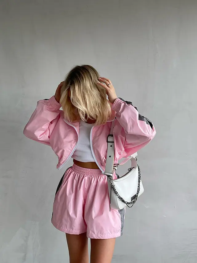 Women's Long sleeved Zipper Sport Cardigan Coat Shorts Suit Casual Pink - Shop at LoveMi