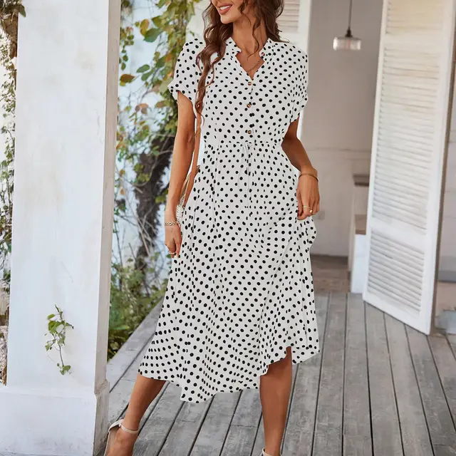 Temperament Leisure Vacation Style Polka Dot Print High Waist Lace up Dress Black Dot On White Background - Shop at LoveMi