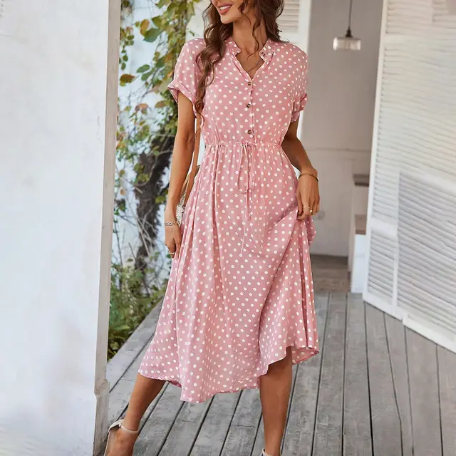 Temperament Leisure Vacation Style Polka Dot Print High Waist Lace up Dress Pink - Shop at LoveMi
