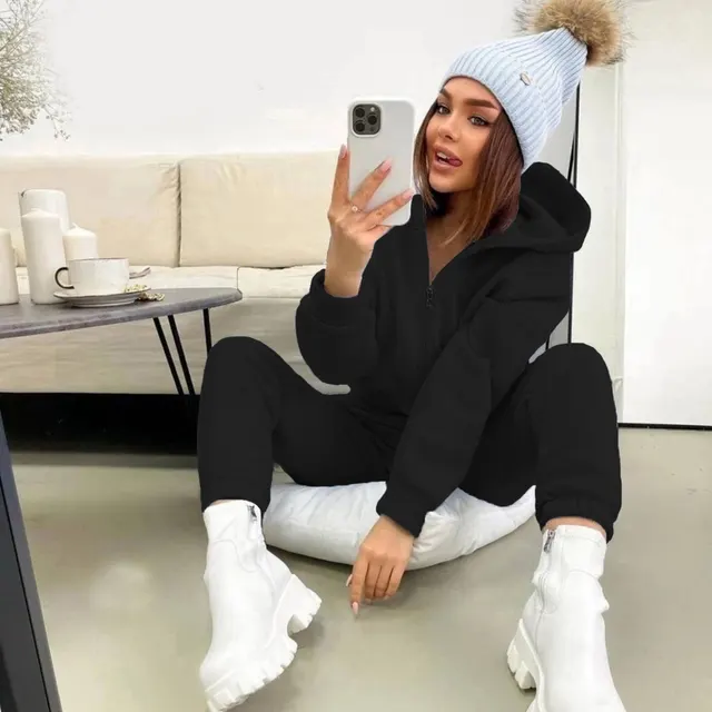 Women's Long sleeved Casual Hooded Sports Suit Two piece Suit Black - Shop at LoveMi