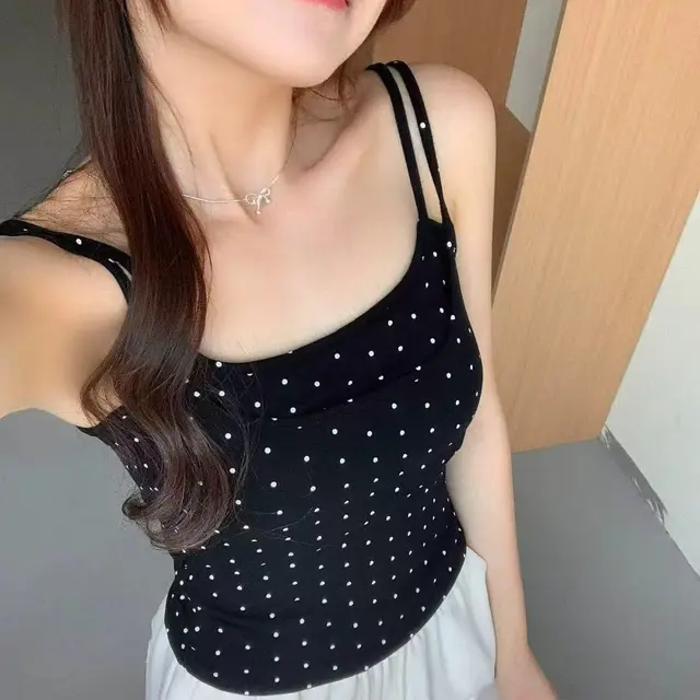 U Backless Polka Dot With Chest Pad Outer Wear Bottoming Sling Black - Shop at LoveMi
