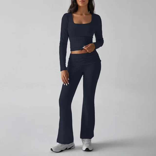 Casual Knitted Long sleeved Top Yoga Top Pants Dark Blue - Shop at LoveMi