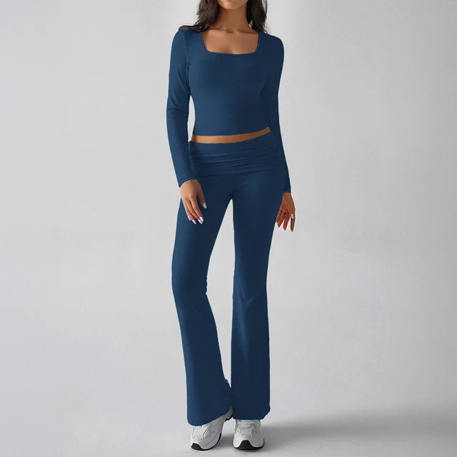 Casual Knitted Long sleeved Top Yoga Top Pants Sapphire Blue - Shop at LoveMi