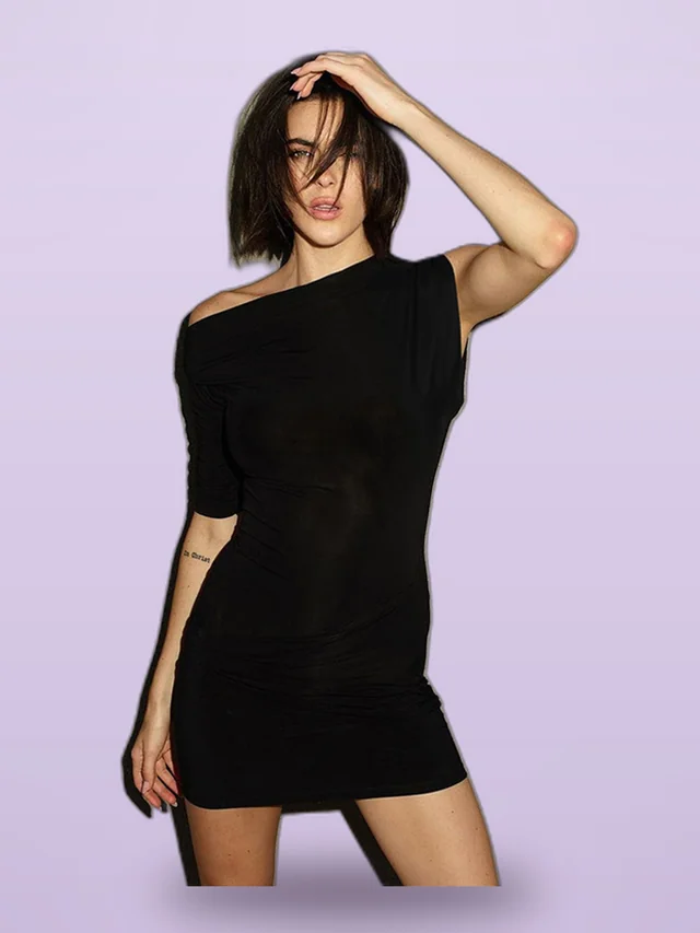 Diagonal Collar Short Sleeve Sexy Sheath Asymmetric Dress Black - Shop at LoveMi