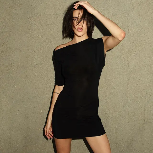 Diagonal Collar Short Sleeve Sexy Sheath Asymmetric Dress Black - Shop at LoveMi