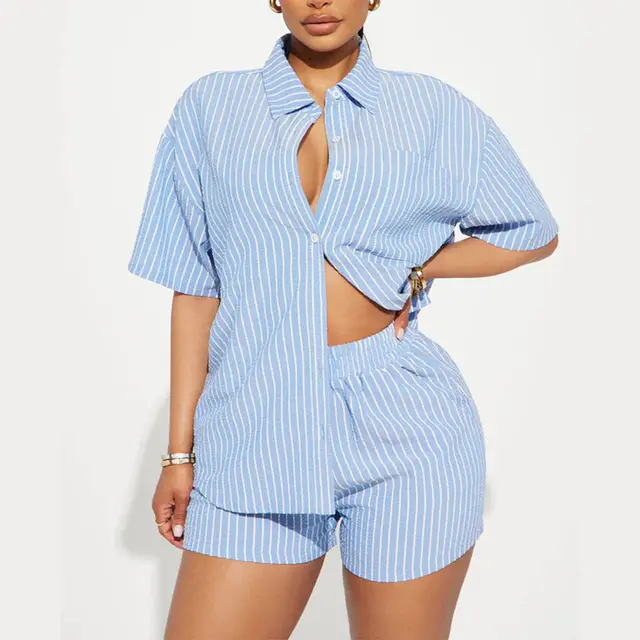 Women's Striped Lapel Short Sleeve Front Cardigan Button Elastic Shorts Suit Blue - Shop at LoveMi