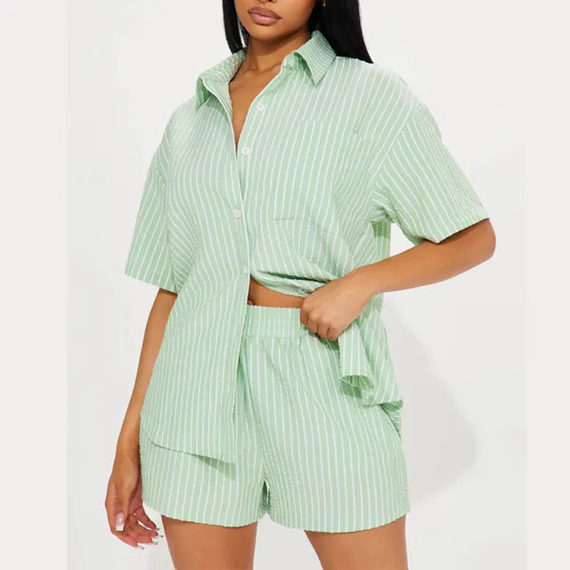 Women's Striped Lapel Short Sleeve Front Cardigan Button Elastic Shorts Suit Green - Shop at LoveMi
