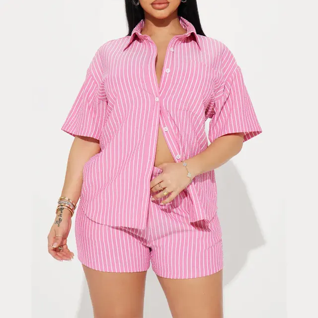 Women's Striped Lapel Short Sleeve Front Cardigan Button Elastic Shorts Suit Pink - Shop at LoveMi